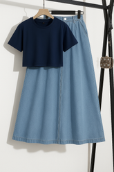 DENIM SKIRT WITH DARK BLUE CROP T-SHIRT